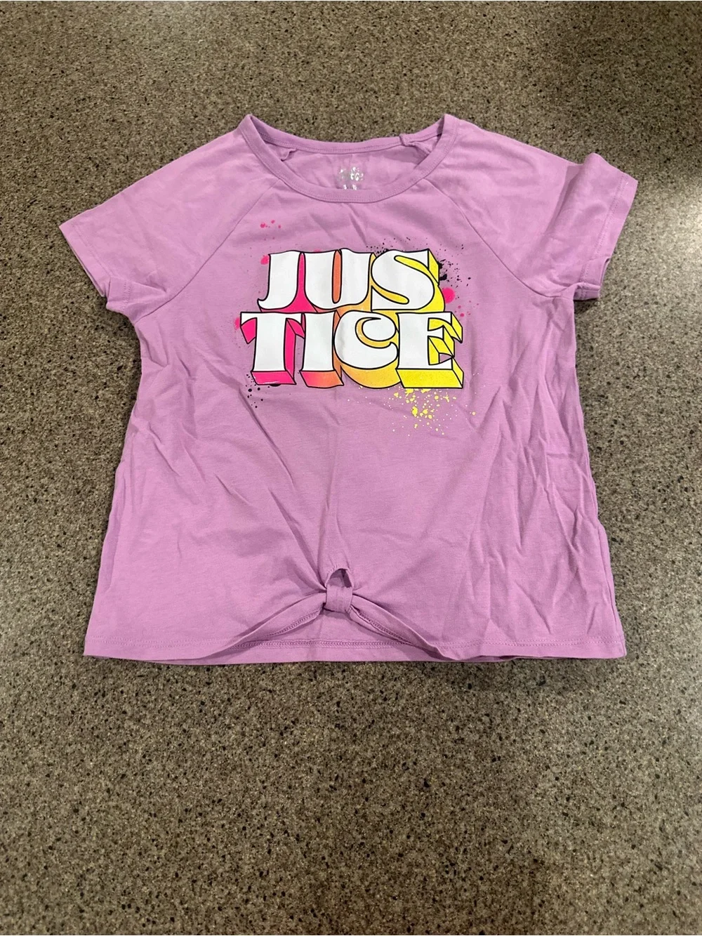 Justice Lavender Knot-Front Graphic Tee with Yellow & White Print